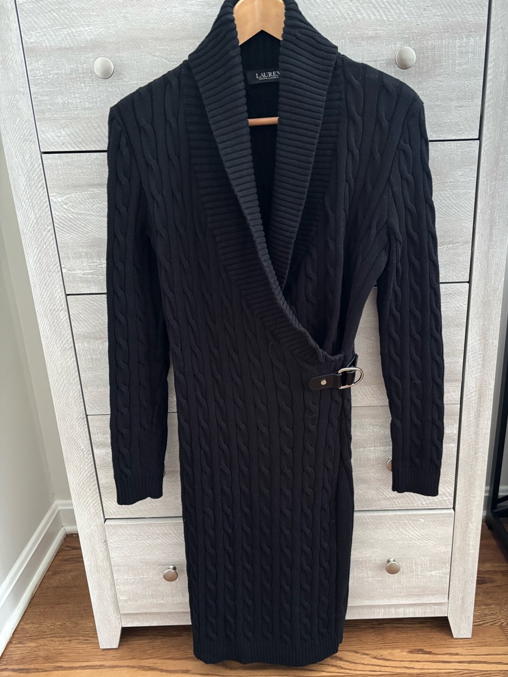 Lauren Ralph Lauren Black Cable Knit Shawl Collar Sweater Dress Size S - Picture 2 of 13
